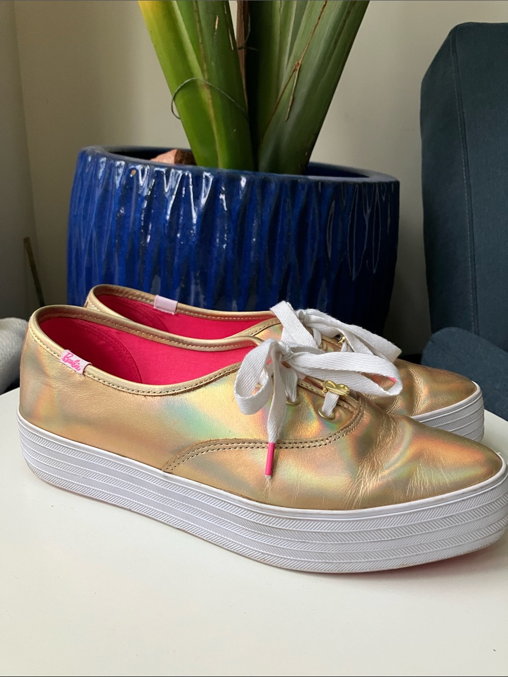 •Keds• Pink and Holographic Gold Barbie Platform Keds